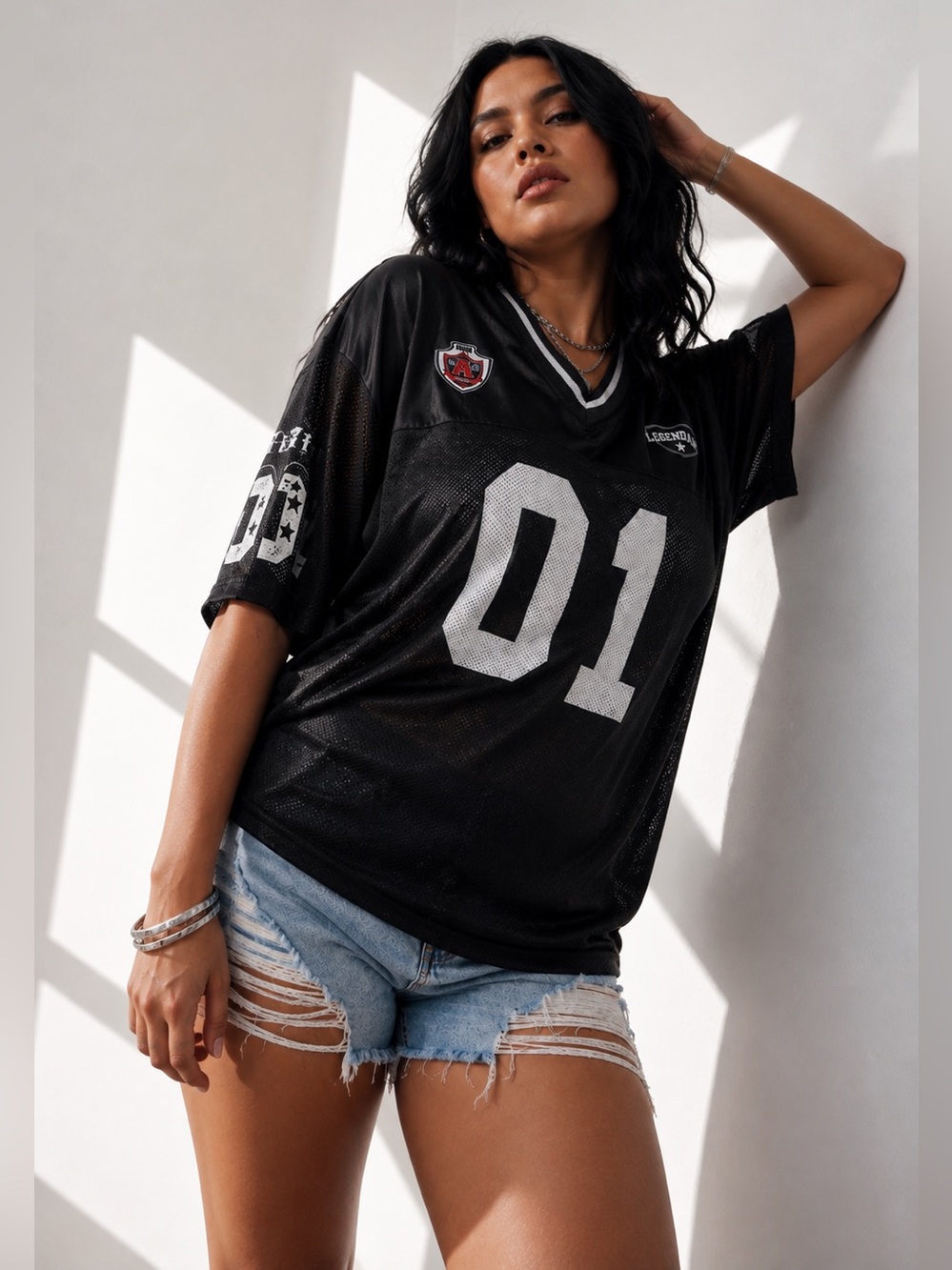 Black Mesh Varsity Football Jersey Top | Oversized Streetwear | Size XL